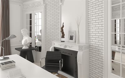 スタイリッシュなキャビネットのインテリアデザイン, 白のオフィス, オフィスの暖炉, インテリアの白いレンガの壁, クラシックなインテリアデザイン