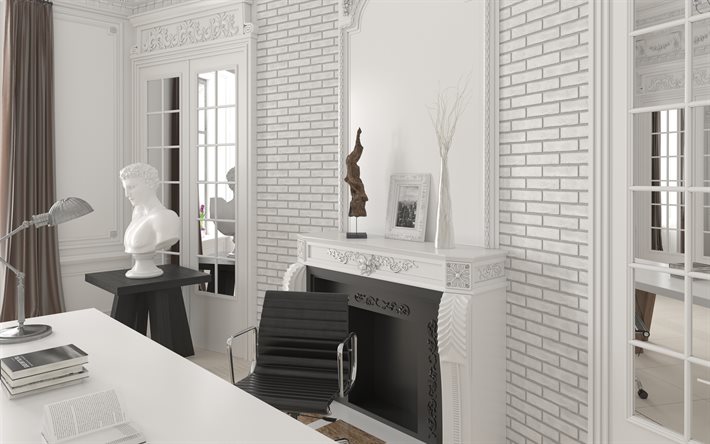 stylish cabinet interior design, office in white, a fireplace in the office, white brick walls in interior, classic interior design