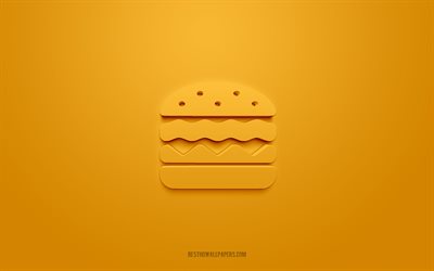 burger 3d-symbol, orange hintergrund, 3d-symbole, burger, fast-food-symbole, burger-zeichen, fast-food-3d-symbole