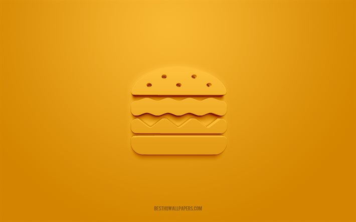 Burger 3d icon, orange background, 3d symbols, Burger, Fast food icons, 3d icons, Burger sign, Fast food 3d icons