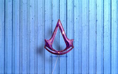 4k, logotipo do Assassins Creed, bal&#245;es violetas realistas, logotipo 3D do Assassins Creed, fundos de madeira azuis, Assassins Creed