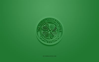 Celtic FC, kreativ 3D-logotyp, gr&#246;n bakgrund, 3d-emblem, skotsk fotbollsklubb, Scottish Premiership, Glasgow, Skottland, 3d-konst, fotboll, Celtic FC 3d-logotyp
