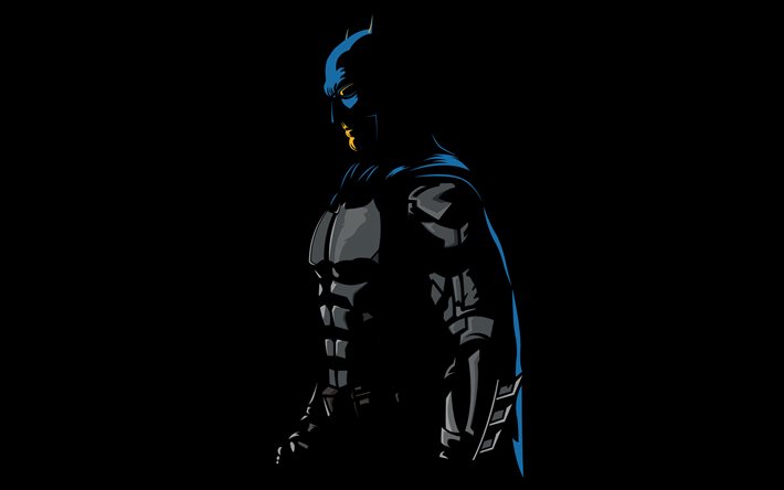 バットマン, 4k, スーパーヒーロー, ミニマル, 黒の背景, DCコミック。, バットマンのミニマリズム