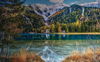 mountain lake, winter, evening, mountain landscape, forest, Alps
