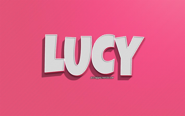 Lucy, fond de lignes roses, fonds d&#39;&#233;cran avec des noms, nom de Lucy, noms f&#233;minins, carte de voeux Lucy, dessin au trait, photo avec le nom de Lucy