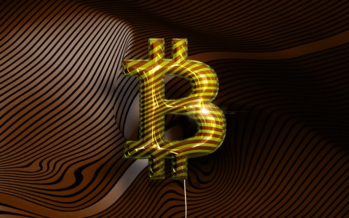 Bitcoin 3D logosu, 4K, altın ger&#231;ek&#231;i balonlar, cryptocurrency, Bitcoin logosu, kahverengi dalgalı arka planlar, Bitcoin