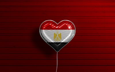 J&#39;aime l&#39;Egypte, 4k, ballons r&#233;alistes, fond en bois rouge, pays africains, coeur du drapeau &#233;gyptien, pays pr&#233;f&#233;r&#233;s, drapeau de l&#39;Egypte, ballon avec drapeau, drapeau &#233;gyptien, Egypte, amour de l&#39;Egypte