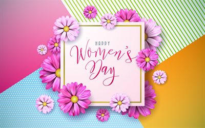 Happy Womens Day, 8 mars, fleurs violettes, carte de voeux du 8 mars, vacances de printemps