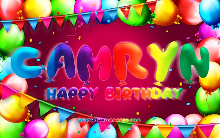 お誕生日おめでとうカムリン, 4k, カラフルなバルーンフレーム, カムリンの名前, 紫色の背景, カムリンお誕生日おめでとう, カムリンの誕生日, 人気のアメリカ人女性の名前, 誕生日のコンセプト, カムリン