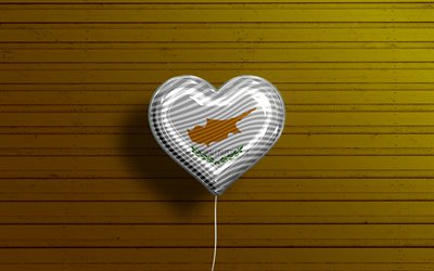 J&#39;aime Chypre, 4k, ballons r&#233;alistes, fond en bois bleu, coeur de drapeau chypriote, Europe, pays pr&#233;f&#233;r&#233;s, drapeau de Chypre, ballon avec drapeau, drapeau chypriote, Andorre, aime Chypre