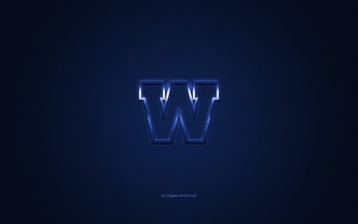 Logo Winnipeg Blue Bombers, squadra di calcio canadese, CFL, logo blu, sfondo blu in fibra di carbonio, football canadese, Winnipeg, Manitoba, Canada, Winnipeg Blue Bombers