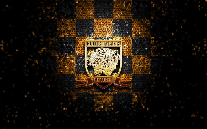 Hull City FC, logo scintillant, championnat EFL, fond damier noir jaune, football, club de football anglais, logo Hull City FC, art de la mosa&#239;que, Hull City AFC