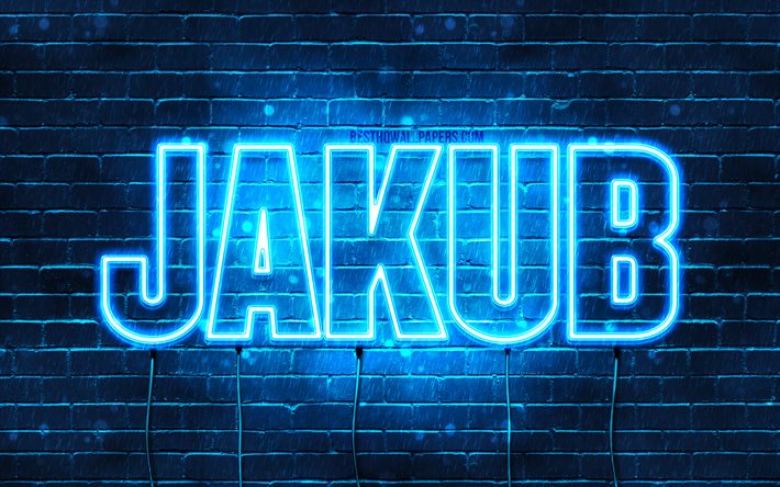 Jakub, 4k, fonds d&#39;&#233;cran avec des noms, nom Jakub, n&#233;ons bleus, joyeux anniversaire Jakub, noms masculins polonais populaires, photo avec le nom Jakub