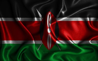 Drapeau kenyan, 4k, drapeaux ondul&#233;s en soie, pays africains, symboles nationaux, drapeau du Kenya, drapeaux en tissu, drapeau Kenya, art 3D, Kenya, Afrique, drapeau Kenya 3D