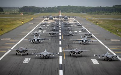Lockheed Martin F-35 Lightning II, Boeing EA-18G Growler, Elephant walk, USAF, military aircraft, United States Air Force, General Dynamics F-16 Fighting Falcon