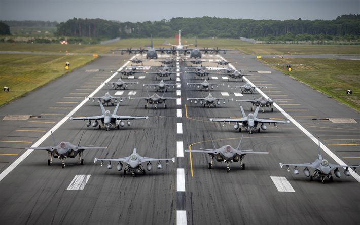 Lockheed Martin F-35 Lightning II, Boeing EA-18G Growler, Elephant walk, USAF, aerei militari, United States Air Force, General Dynamics F-16 Fighting Falcon