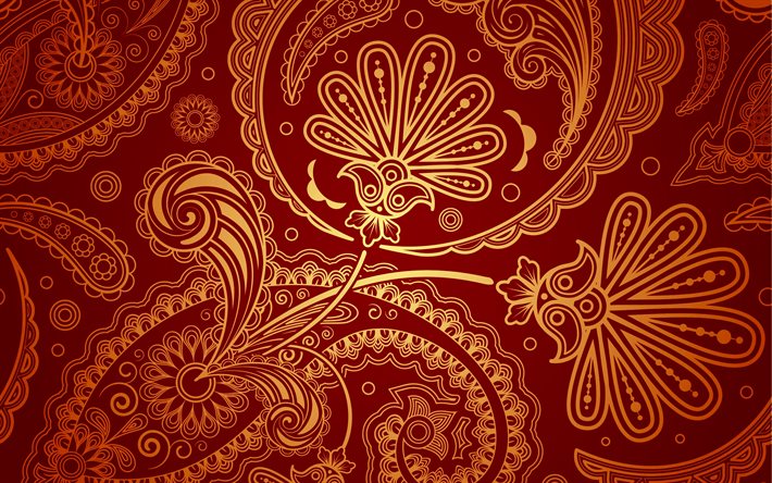 Textura Paisley vermelha, 4k, ornamentos de ouro Paisley, fundo Paisley vermelho, padr&#227;o Paisley vermelho, Textura Paisley