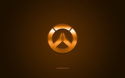 Overwatch, popular game, Overwatch orange logo, orange carbon fiber background, Overwatch logo, Overwatch emblem