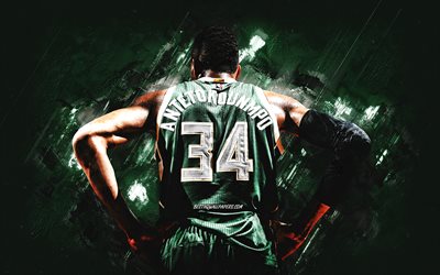 Giannis Antetokounmpo, Milwaukee Bucks, NBA, joueur de basket-ball grec, fond de pierre verte, USA, basket-ball