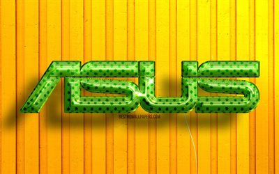 شعار Asus 3D, دقة فوركي, واقعية البالونات الخضراء, خلفيات خشبية صفراء, العلامة التجارية, شعار Asus, اسوس