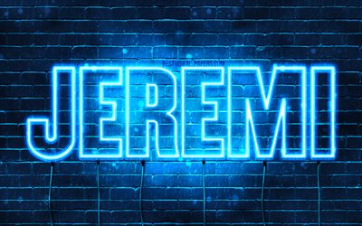 Jeremi, 4k, fonds d&#39;&#233;cran avec des noms, nom de Jeremi, n&#233;ons bleus, joyeux anniversaire Jeremi, noms masculins polonais populaires, photo avec le nom de Jeremi