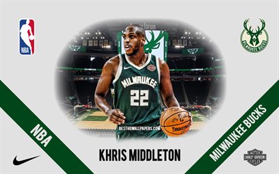 Khris Middleton, Milwaukee Bucks, jogador de basquete americano, NBA, retrato, EUA, basquete, Fiserv Forum, logotipo do Milwaukee Bucks