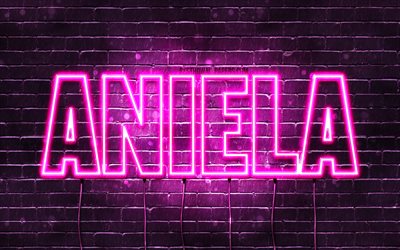 Aniela, 4k, bakgrundsbilder med namn, kvinnliga namn, Aniela namn, lila neonljus, Grattis p&#229; f&#246;delsedagen Aniela, popul&#228;ra polska kvinnliga namn, bild med Aniela namn