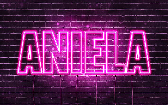 Aniela, 4k, pap&#233;is de parede com nomes, nomes femininos, nome Aniela, luzes de n&#233;on roxas, Feliz Anivers&#225;rio Aniela, nomes femininos poloneses populares, foto com o nome Aniela