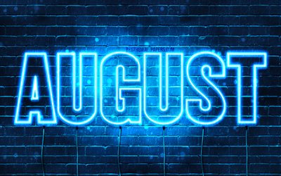 Agosto, 4k, sfondi con nomi, nome di agosto, luci al neon blu, buon compleanno agosto, nomi maschili danesi popolari, immagine con nome di agosto