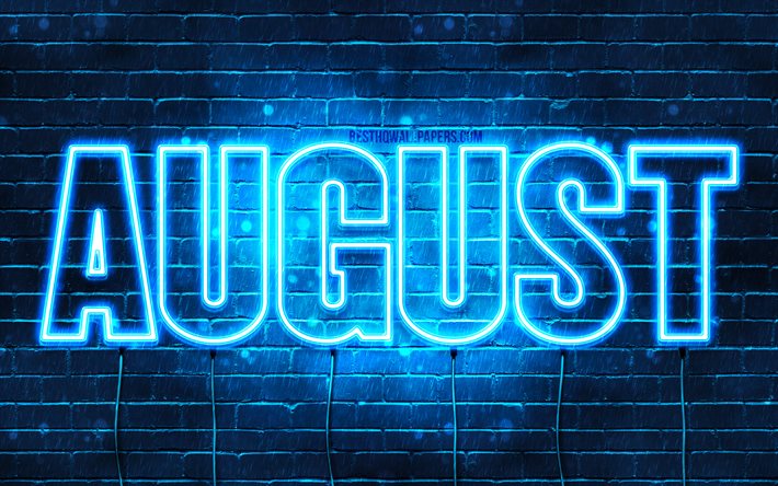 Agosto, 4k, pap&#233;is de parede com nomes, nome de agosto, luzes de n&#233;on azuis, feliz anivers&#225;rio, agosto, nomes masculinos dinamarqueses populares, foto com o nome de agosto