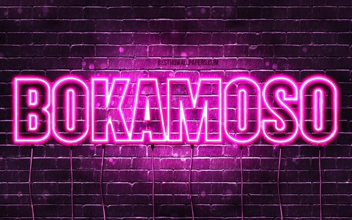 Bokamoso, 4k, bakgrundsbilder med namn, kvinnliga namn, Bokamoso-namn, lila neonljus, Grattis p&#229; f&#246;delsedagen Bokamoso, popul&#228;ra sydafrikanska kvinnliga namn, bild med Bokamoso-namn