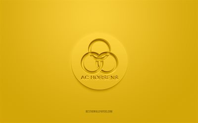 ACホーセンス, クリエイティブな3Dロゴ, 黄色の背景, 3Dエンブレム, デンマークのサッカークラブ, デンマーク・スーペルリーガ, ホルセンスCity in Jylland Denmark, デンマーク, 3Dアート, フットボール。, ACホーセンスの3Dロゴ