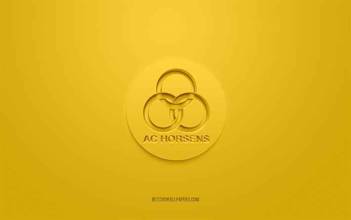 ac horsens, kreatives 3d-logo, gelber hintergrund, 3d-emblem, d&#228;nischer fu&#223;ballverein, d&#228;nische superliga, horsens, d&#228;nemark, 3d-kunst, fu&#223;ball, ac horsens 3d-logo