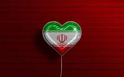 J&#39;aime l&#39;Iran, 4k, ballons r&#233;alistes, fond en bois rouge, pays asiatiques, coeur du drapeau iranien, pays pr&#233;f&#233;r&#233;s, drapeau de l&#39;Iran, ballon avec drapeau, drapeau iranien, Iran, amour de l&#39;Iran