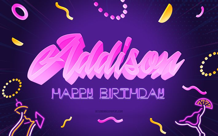 お誕生日おめでとうアディソン, 4k, 紫のパーティーの背景, アディ, クリエイティブアート, アディソンお誕生日おめでとう, アディソン名, アディソンの誕生日, 誕生日パーティーの背景