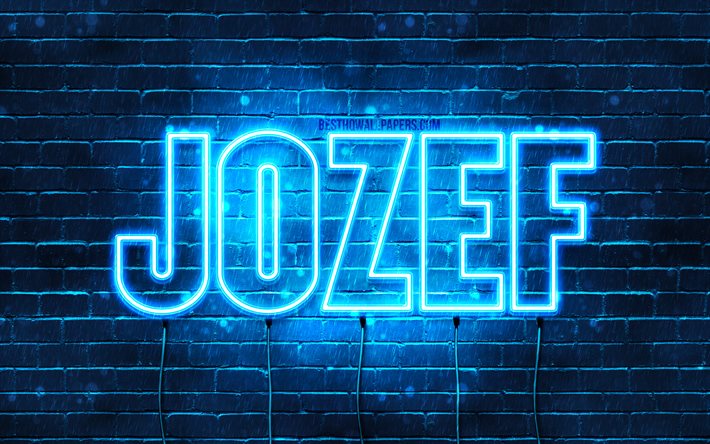 Jozef, 4k, pap&#233;is de parede com nomes, nome de Jozef, luzes de n&#233;on azuis, feliz anivers&#225;rio Jozef, nomes masculinos poloneses populares, foto com o nome de Jozef