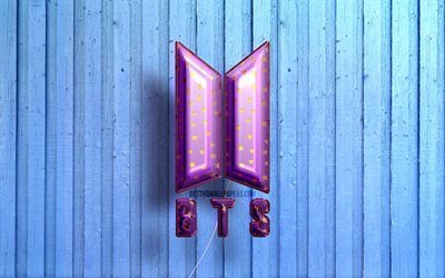 4k, BTS logo, korean band, Bangtan Boys, violet realistic balloons, BTS 3D logo, Bangtan Boys logo, blue wooden backgrounds, BTS