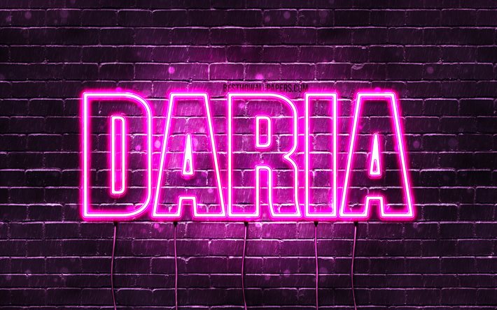 Daria, 4k, fonds d&#39;&#233;cran avec noms, noms f&#233;minins, nom Daria, n&#233;ons violets, joyeux anniversaire Daria, noms f&#233;minins polonais populaires, photo avec le nom Daria