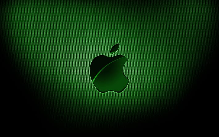 4k, Applen vihre&#228; logo, vihre&#228;n ruudukon taustat, tuotemerkit, Apple-logo, grunge-taide, Apple
