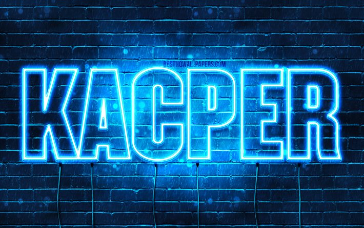 Kacper, 4k, fonds d&#39;&#233;cran avec des noms, nom Kacper, n&#233;ons bleus, joyeux anniversaire Kacper, noms masculins polonais populaires, photo avec le nom Kacper