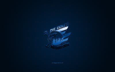 Adler Mannheim, saksalainen j&#228;&#228;kiekkoseura, Deutsche Eishockey Liga, sininen logo, DEL, sininen hiilikuitutausta, j&#228;&#228;kiekko, Mannheim, Saksa, Adler Mannheim -logo