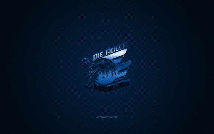 Adler Mannheim, club de hockey allemand, Deutsche Eishockey Liga, logo bleu, DEL, fond bleu en fibre de carbone, hockey sur glace, Mannheim, Allemagne, logo Adler Mannheim