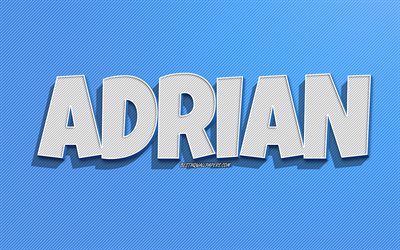 Adrian, blue lines background, wallpapers with names, Adrian name, male names, Adrian greeting card, line art, picture with Adrian name