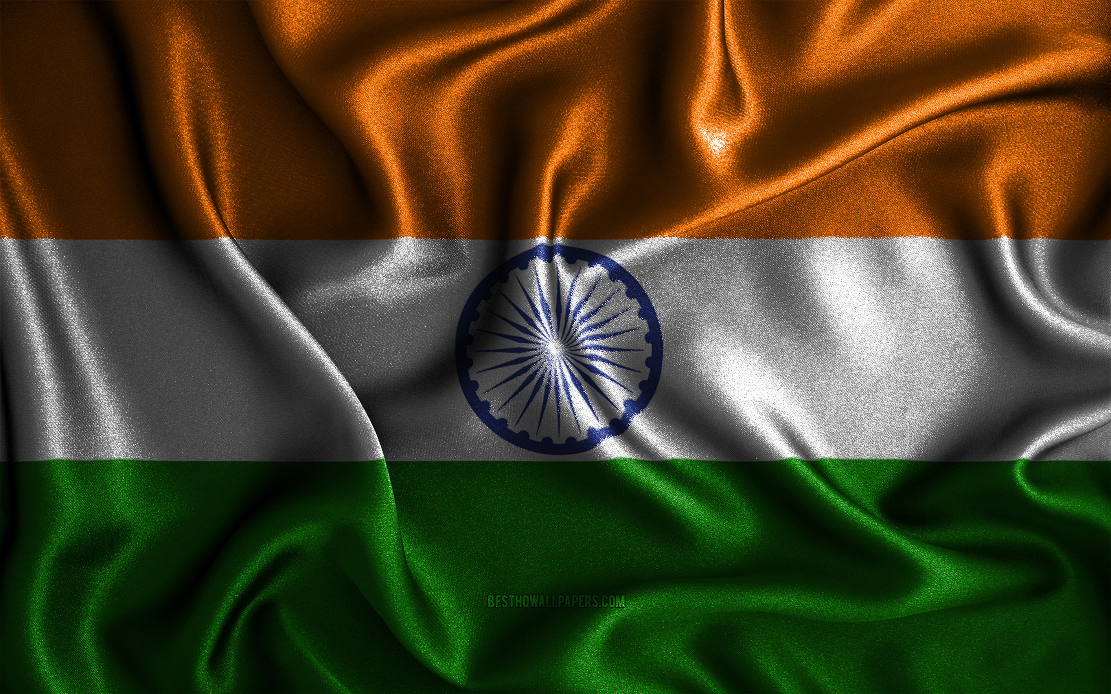 Download wallpapers Indian flag, 4k, silk wavy flags, Asian countries,  national symbols, Flag of India, fabric flags, India flag, 3D art, India,  Asia, India 3D flag for desktop with resolution 3840x2400. High
