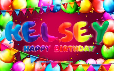 Buon compleanno Kelsey, 4k, cornice di palloncini colorati, nome Kelsey, sfondo viola, buon compleanno Kelsey, compleanno di Kelsey, nomi femminili americani popolari, concetto di compleanno