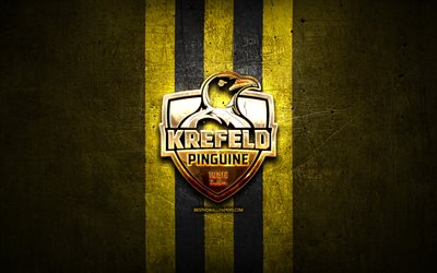 Krefeld Pinguine, logo dorato, DEL, sfondo metallico giallo, squadra tedesca di hockey, Deutsche Eishockey Liga, campionato tedesco di hockey, logo Krefeld Pinguine, hockey