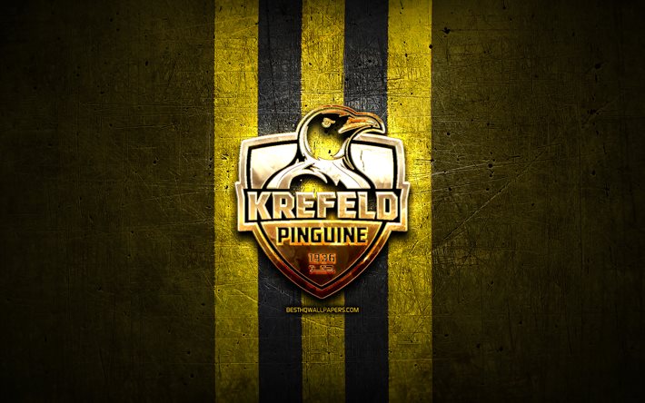 Krefeld Pinguine, golden logo, DEL, yellow metal background, german hockey team, Deutsche Eishockey Liga, german hockey league, Krefeld Pinguine logo, hockey