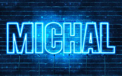 Michal, 4k, wallpapers with names, Michal name, blue neon lights, Happy Birthday Michal, popular polish male names, picture with Michal name