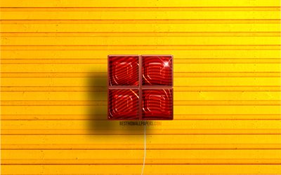 Microsoftロゴ, 4K, 赤いリアルな風船, ブランド, Microsoft3Dロゴ, 黄色の木製の背景, Microsoft