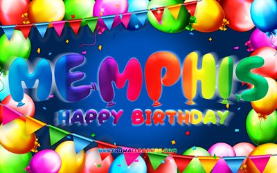 Buon compleanno Memphis, 4k, cornice colorata palloncino, nome Memphis, sfondo blu, Memphis Buon compleanno, Compleanno di Memphis, nomi maschili americani popolari, Concetto di compleanno, Memphis